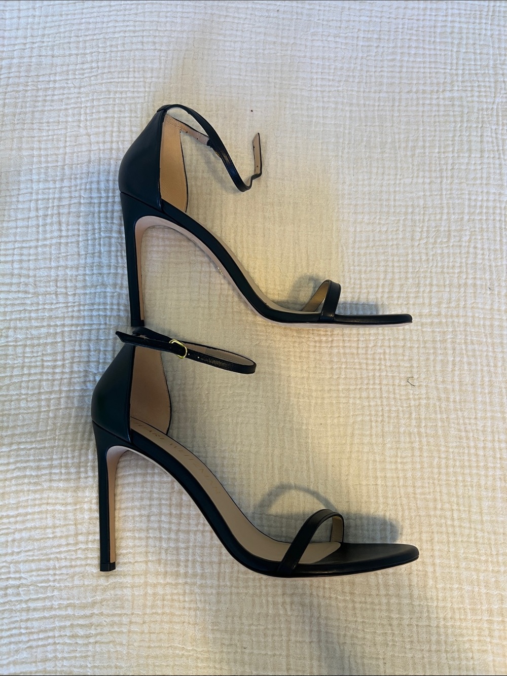 Stuart Weitzman Black Leather Ankle-Strap Stiletto Sandals